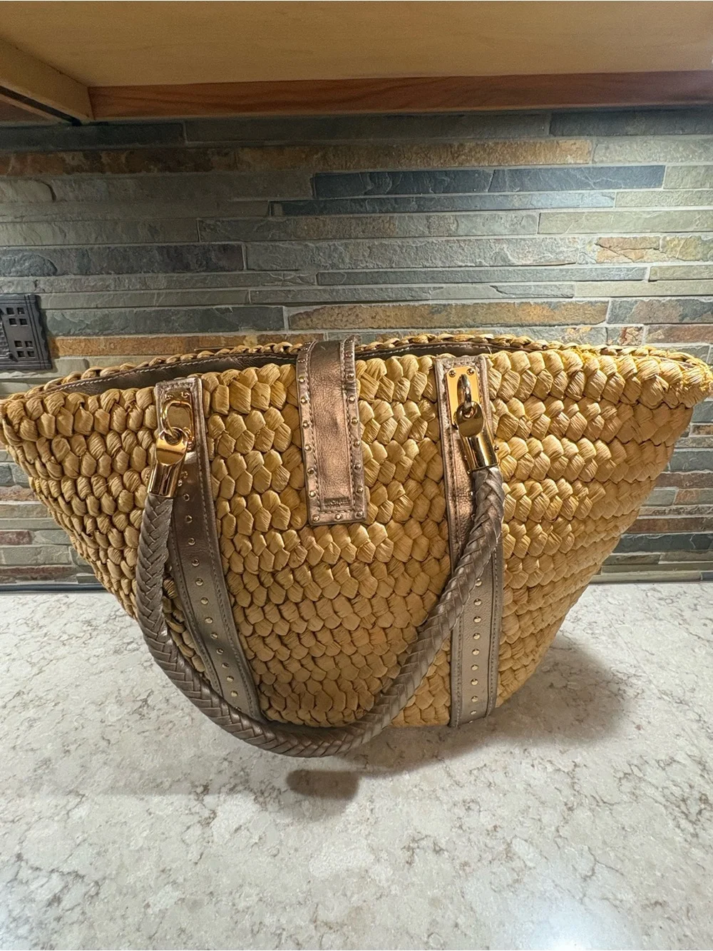 Michael Kors Woven Straw Tote Bag with Taupe Leather Trim